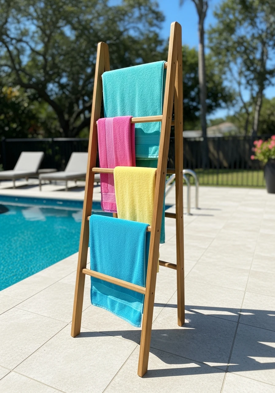 Teak Ladder Towel Rack - 35 Brilliant Pool Towel Storage Ideas for a Tidy Oasis