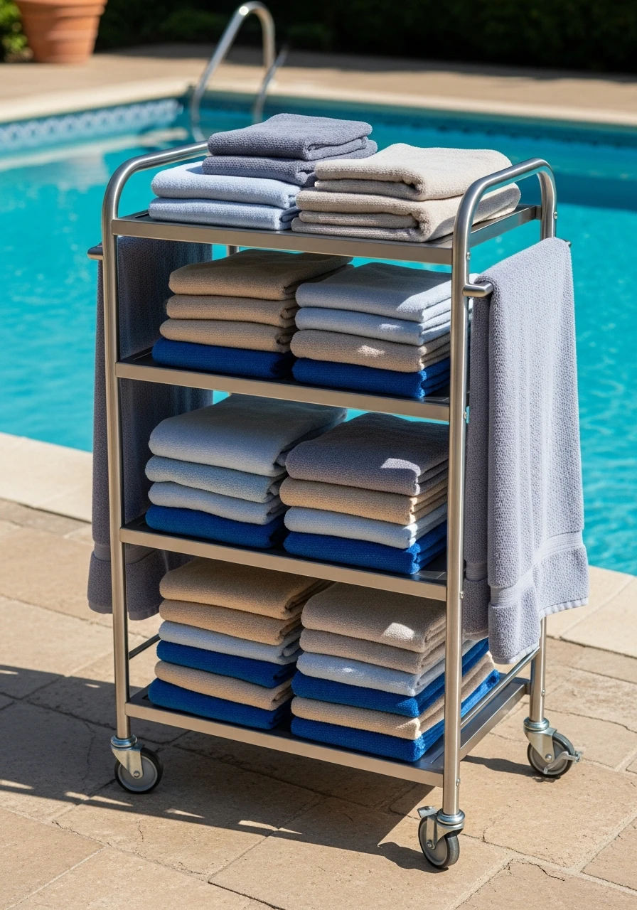 Rolling Towel Cart - 35 Brilliant Pool Towel Storage Ideas for a Tidy Oasis