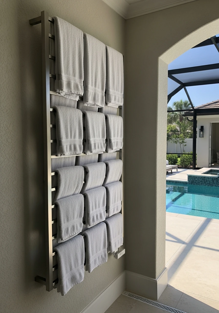 Heated Towel Rack - 35 Brilliant Pool Towel Storage Ideas for a Tidy Oasis