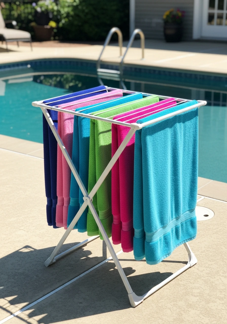 Folding Portable Rack - 35 Brilliant Pool Towel Storage Ideas for a Tidy Oasis