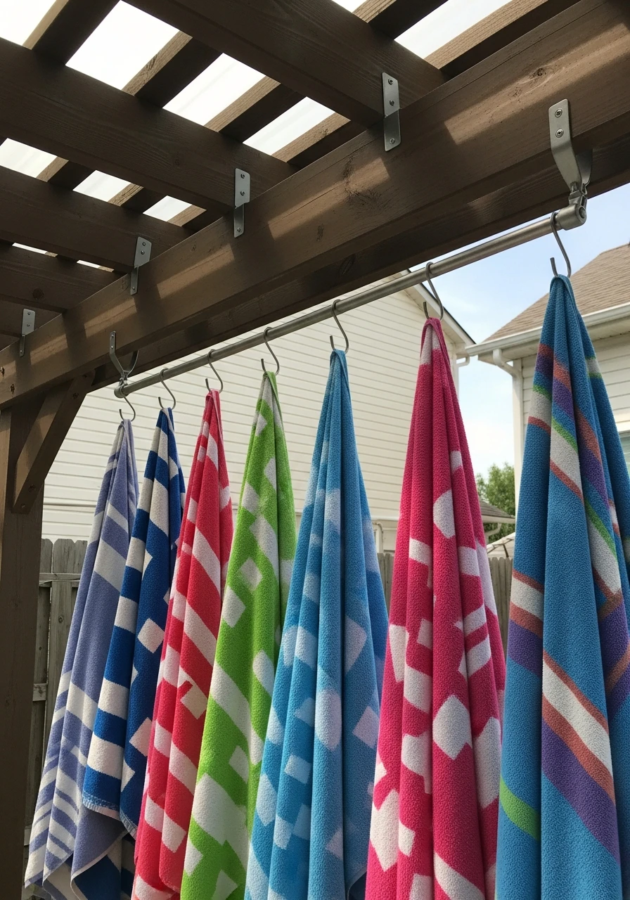 Pergola Hooks & Rods - 35 Brilliant Pool Towel Storage Ideas for a Tidy Oasis
