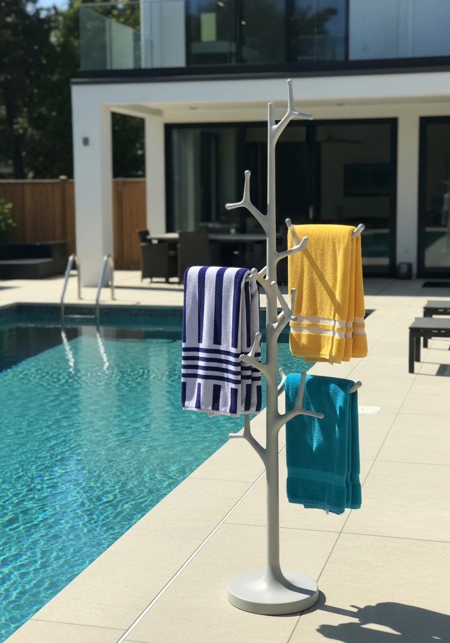 Modern Tree Towel Rack - 35 Brilliant Pool Towel Storage Ideas for a Tidy Oasis