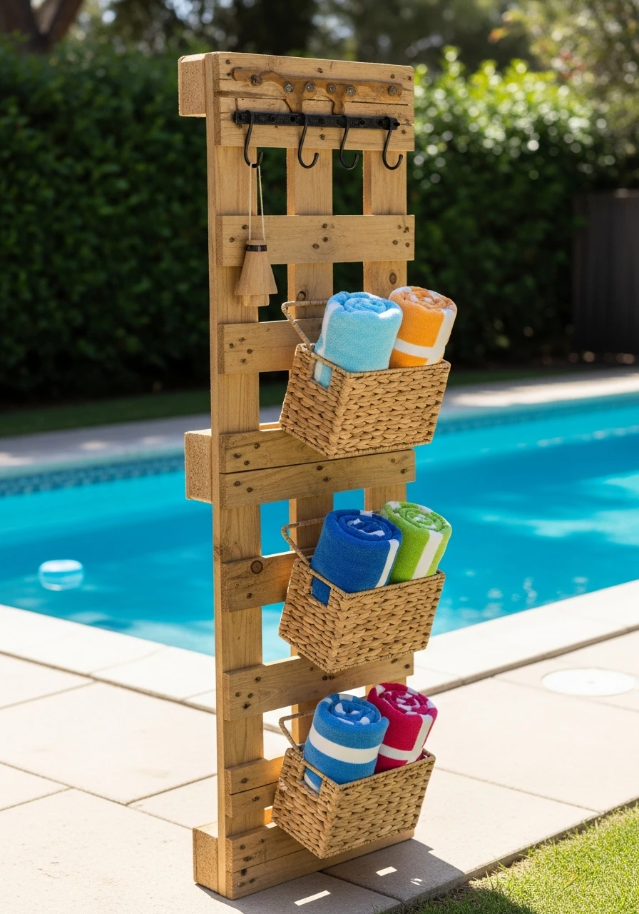Pallet Towel Station - 35 Brilliant Pool Towel Storage Ideas for a Tidy Oasis