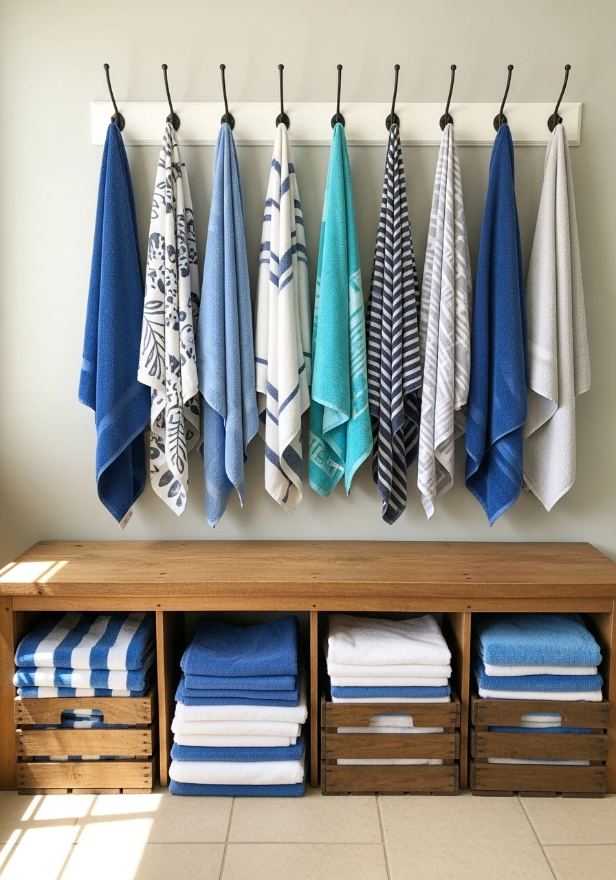Bench, Crates, Hooks Combo - 35 Brilliant Pool Towel Storage Ideas for a Tidy Oasis