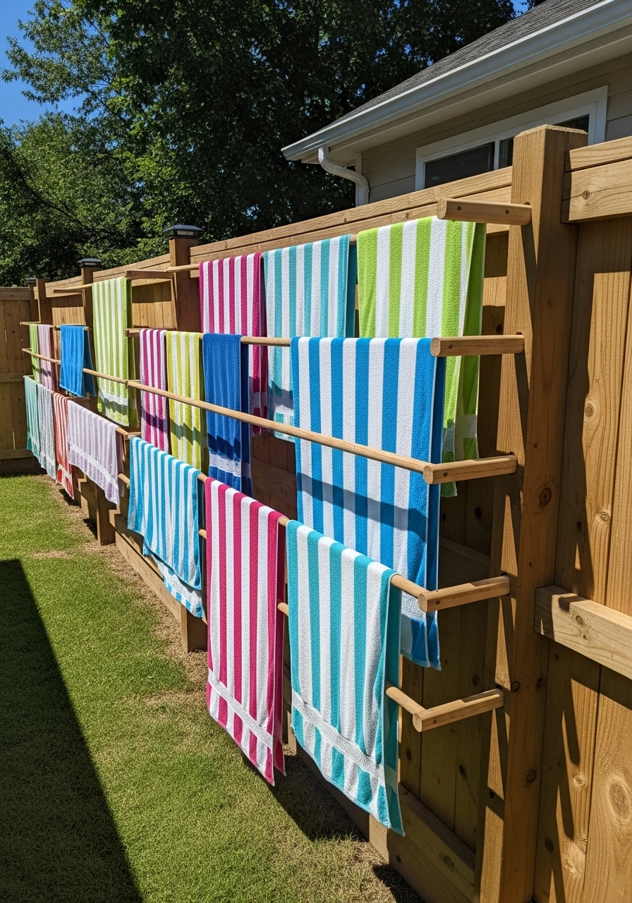 Drying Bars On Fence - 35 Brilliant Pool Towel Storage Ideas for a Tidy Oasis