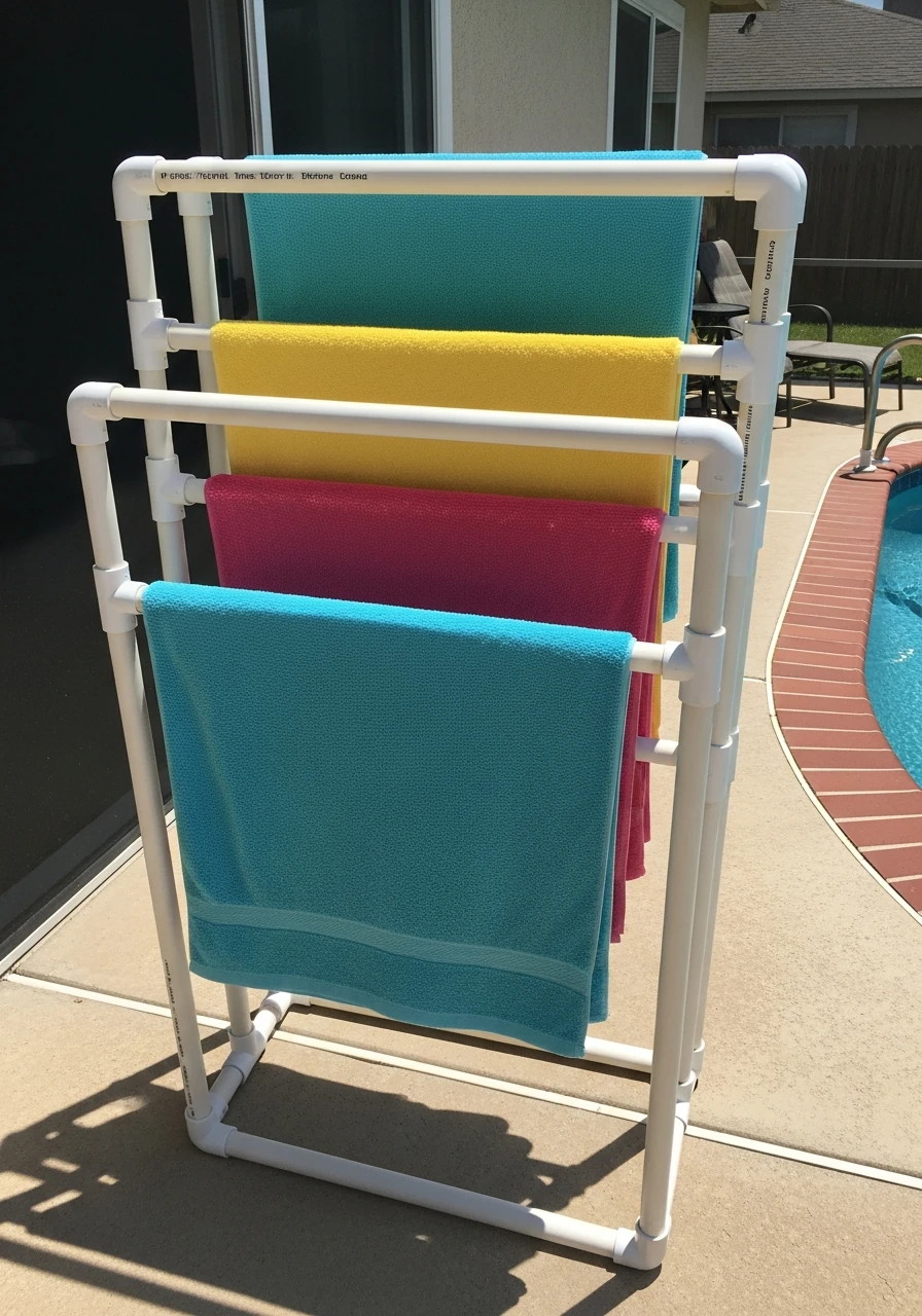DIY PVC Towel Rack - 35 Brilliant Pool Towel Storage Ideas for a Tidy Oasis