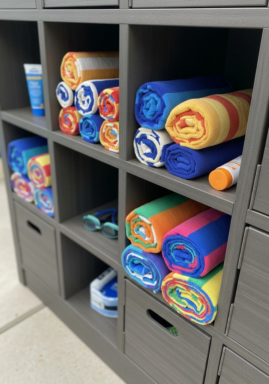 Poolside Lockers Or Cubbies - 35 Brilliant Pool Towel Storage Ideas for a Tidy Oasis