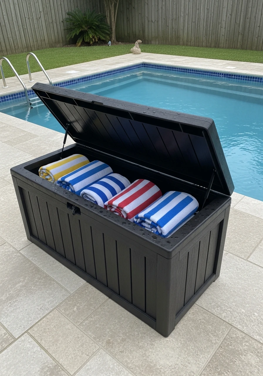 Storage Bench Towel Spot - 35 Brilliant Pool Towel Storage Ideas for a Tidy Oasis