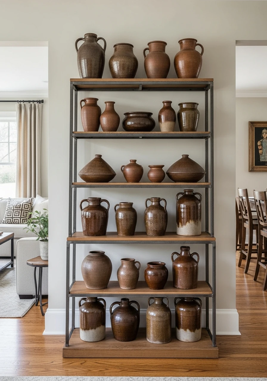 Primitive Living Room with Clay Pottery Display