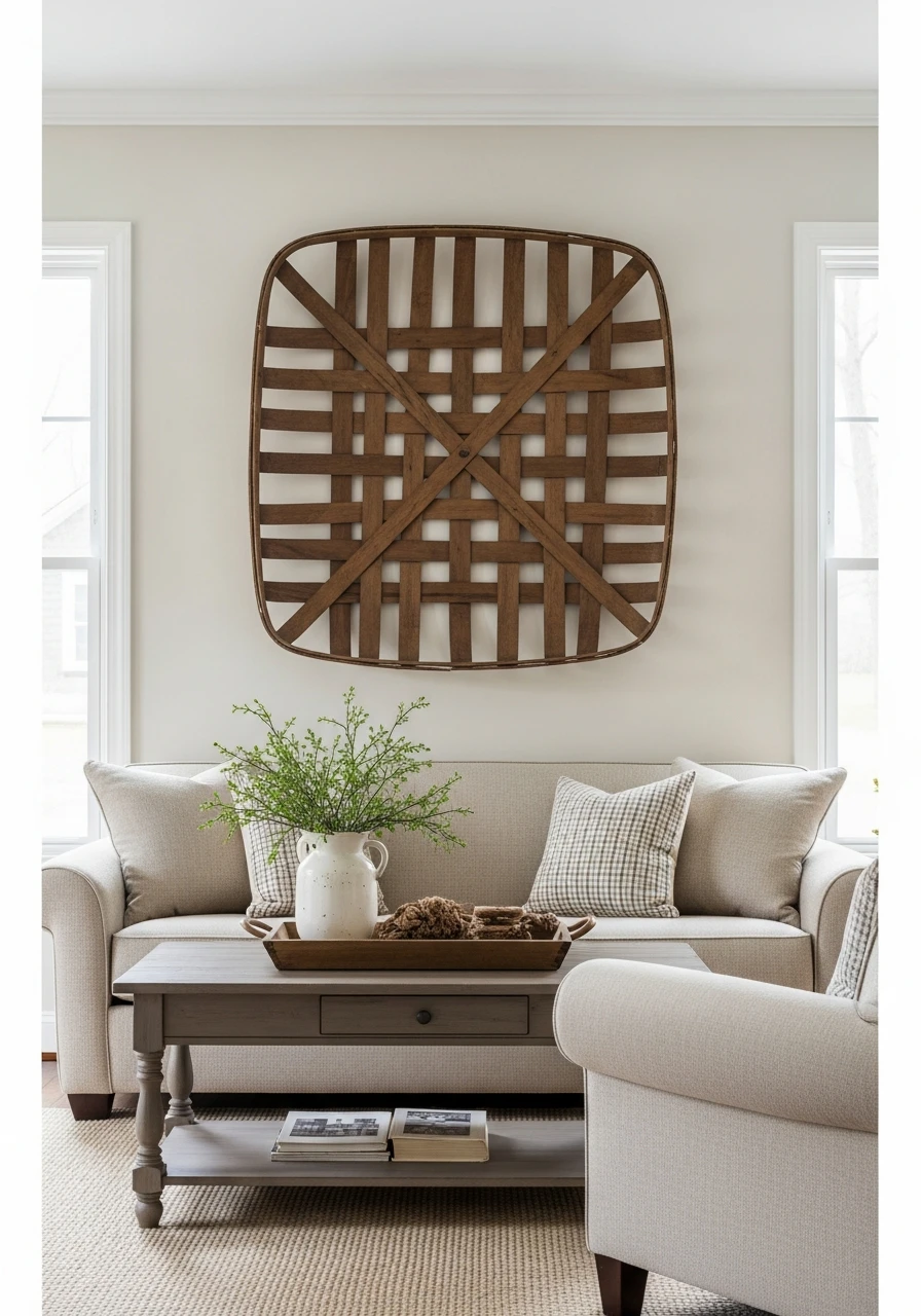 Primitive Living Room with Tobacco Basket Wall Decor