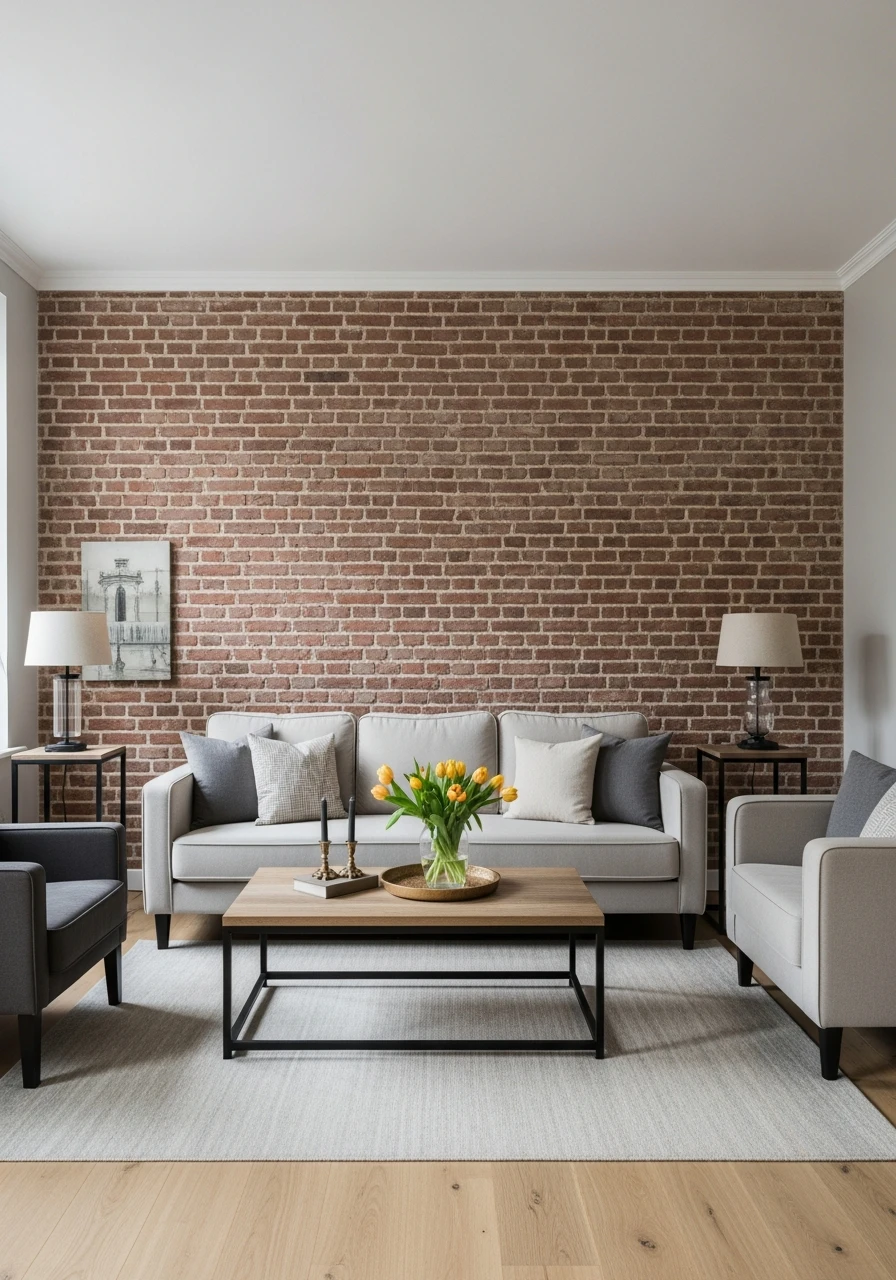 Primitive Living Room with Brick Accent Wall