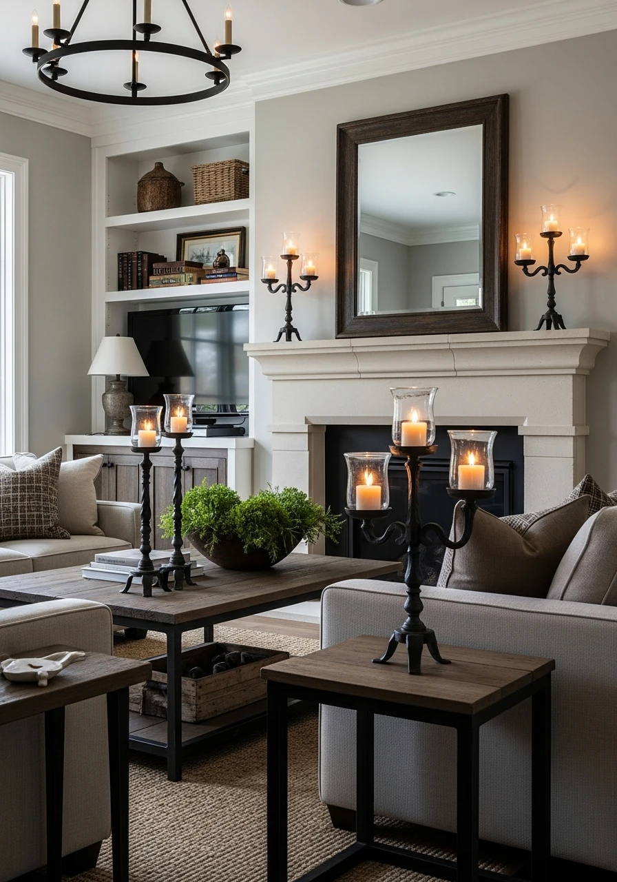 Primitive Living Room with Iron Candle Holders