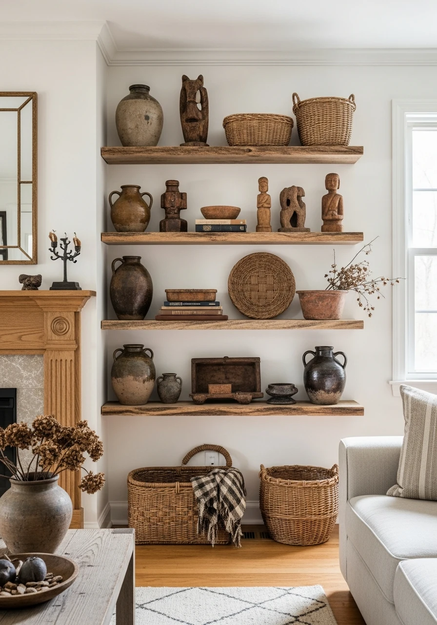 Primitive Living Room with Rough-Hewn Wood Shelves