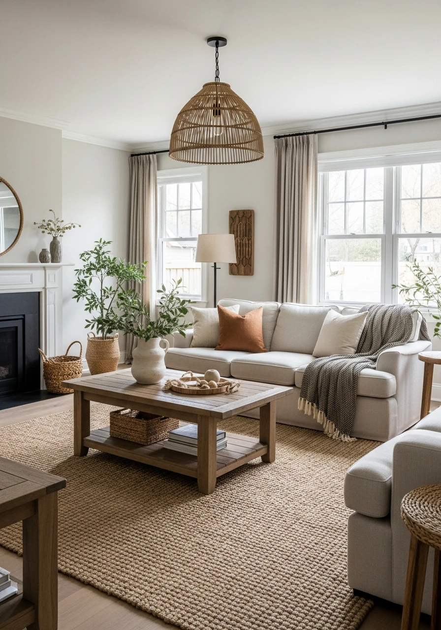 Primitive Living Room with Jute or Woven Rugs