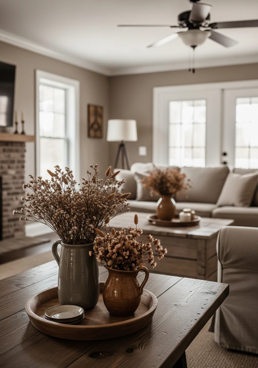 Primitive Living Room with Dried Flower Arrangements