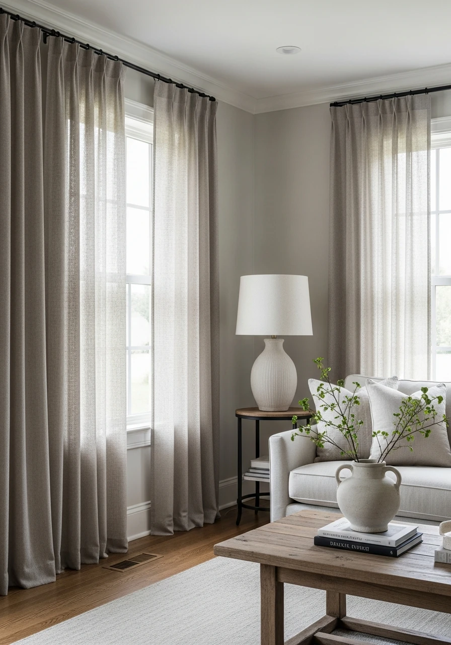Primitive Living Room with Neutral Linen Curtains