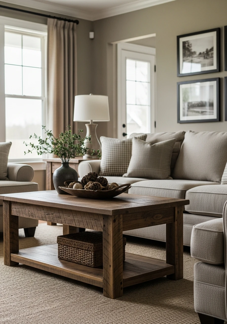 Primitive Living Room with Barn Wood Accent Table
