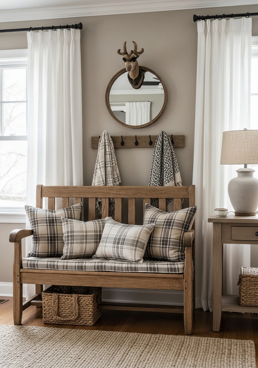 Primitive Living Room with Rustic Bench Seating