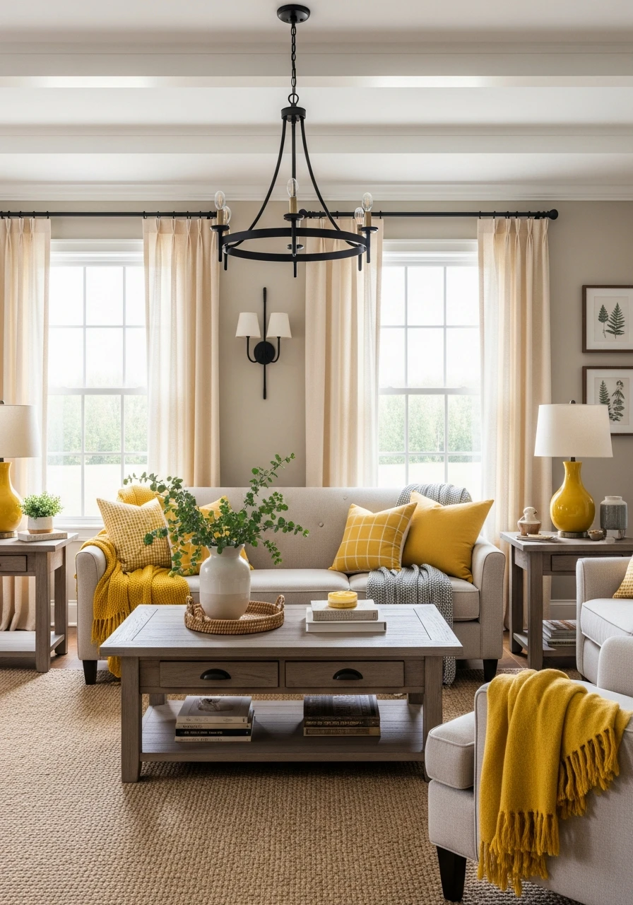 Primitive Living Room with Warm Yellow Accents