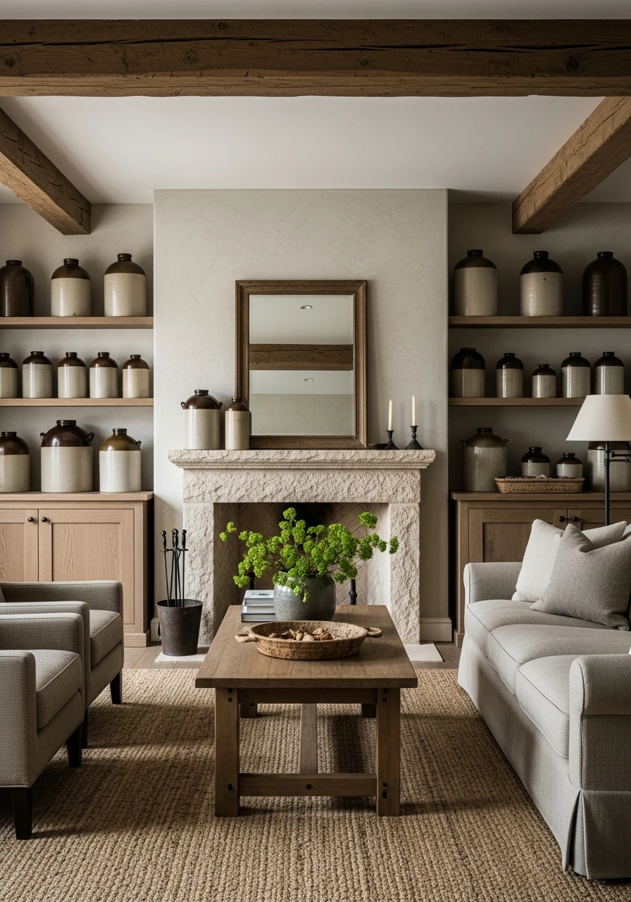 Primitive Living Room with Stoneware Jar Collection