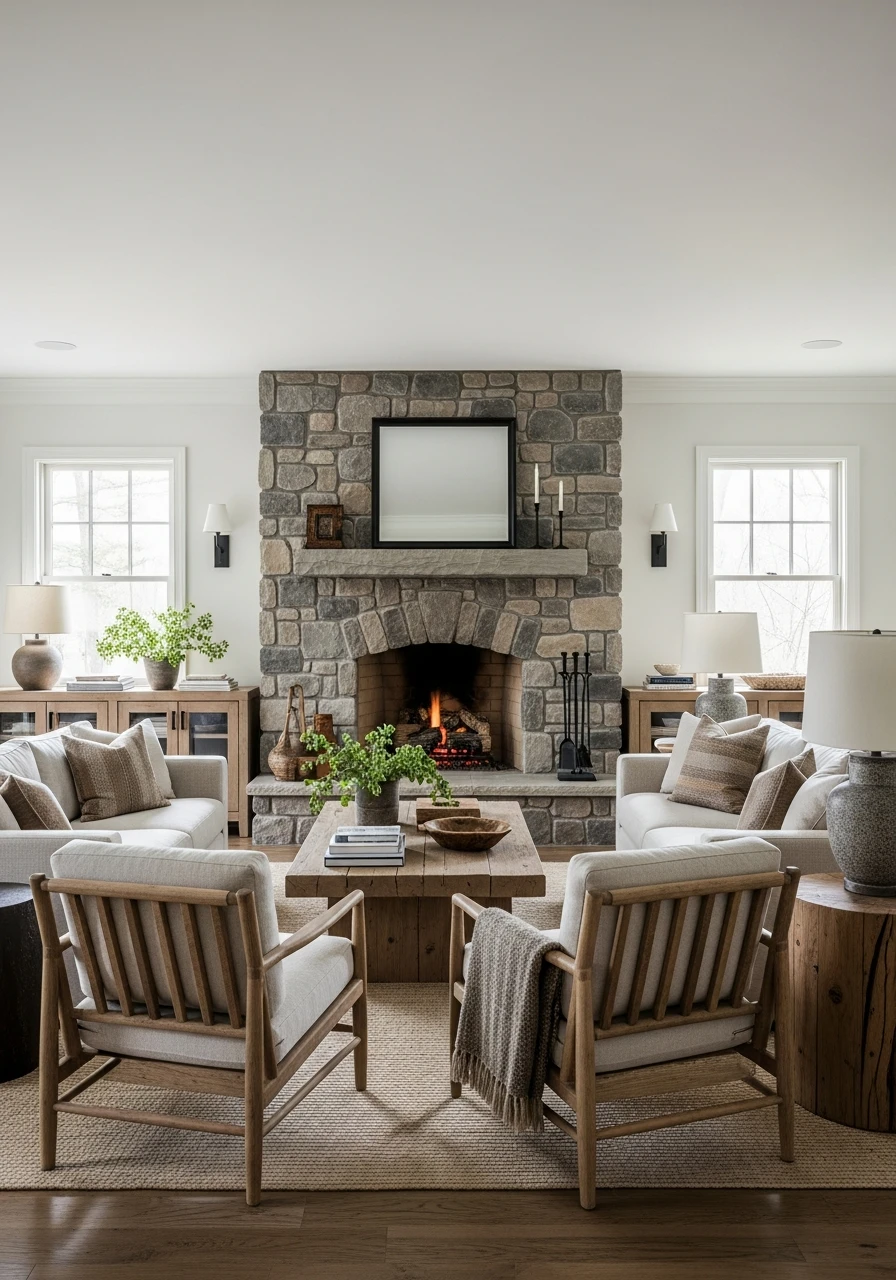 Stone Fireplace Primitive Living Room