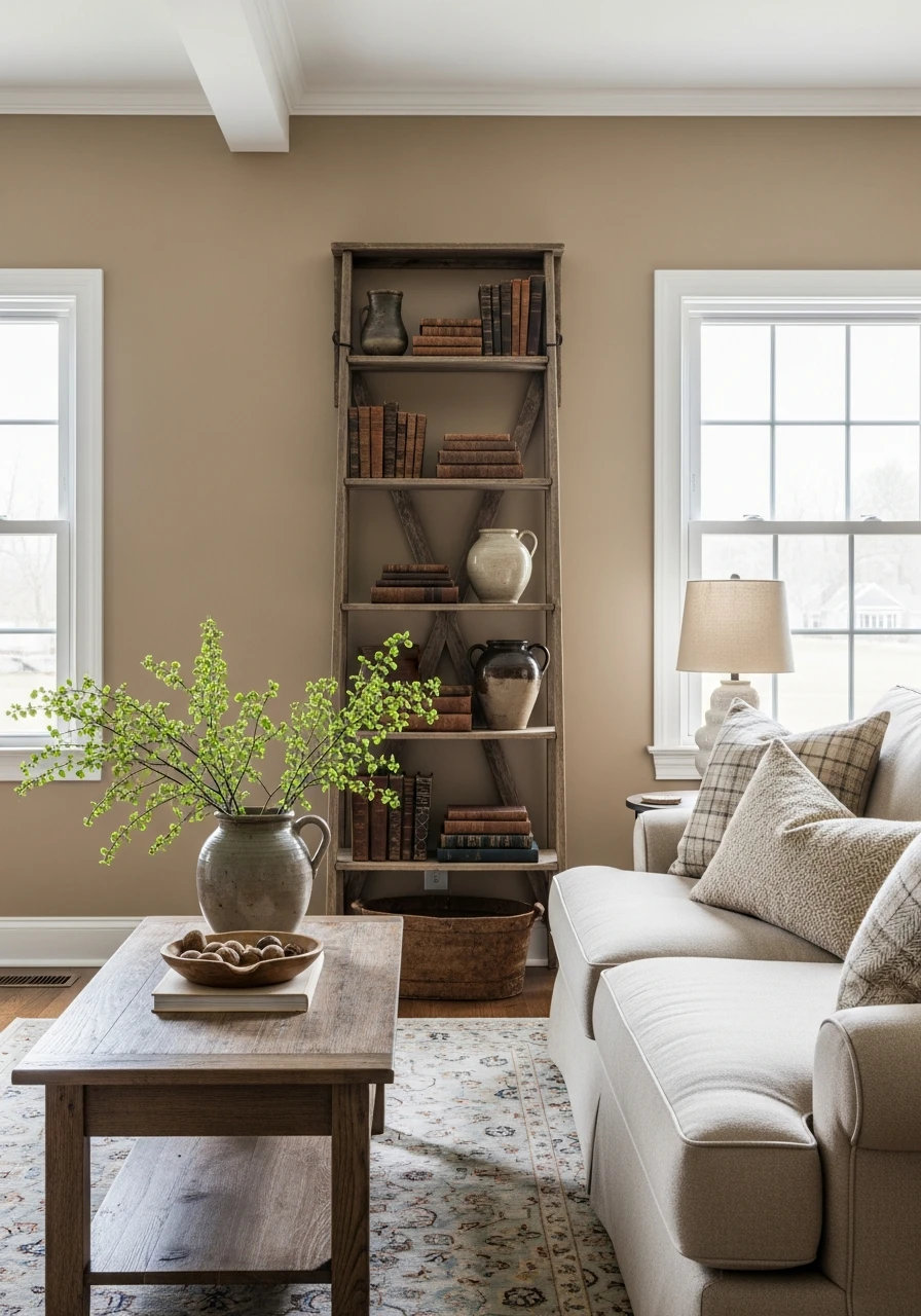 Primitive Living Room with Rustic Ladder Shelf