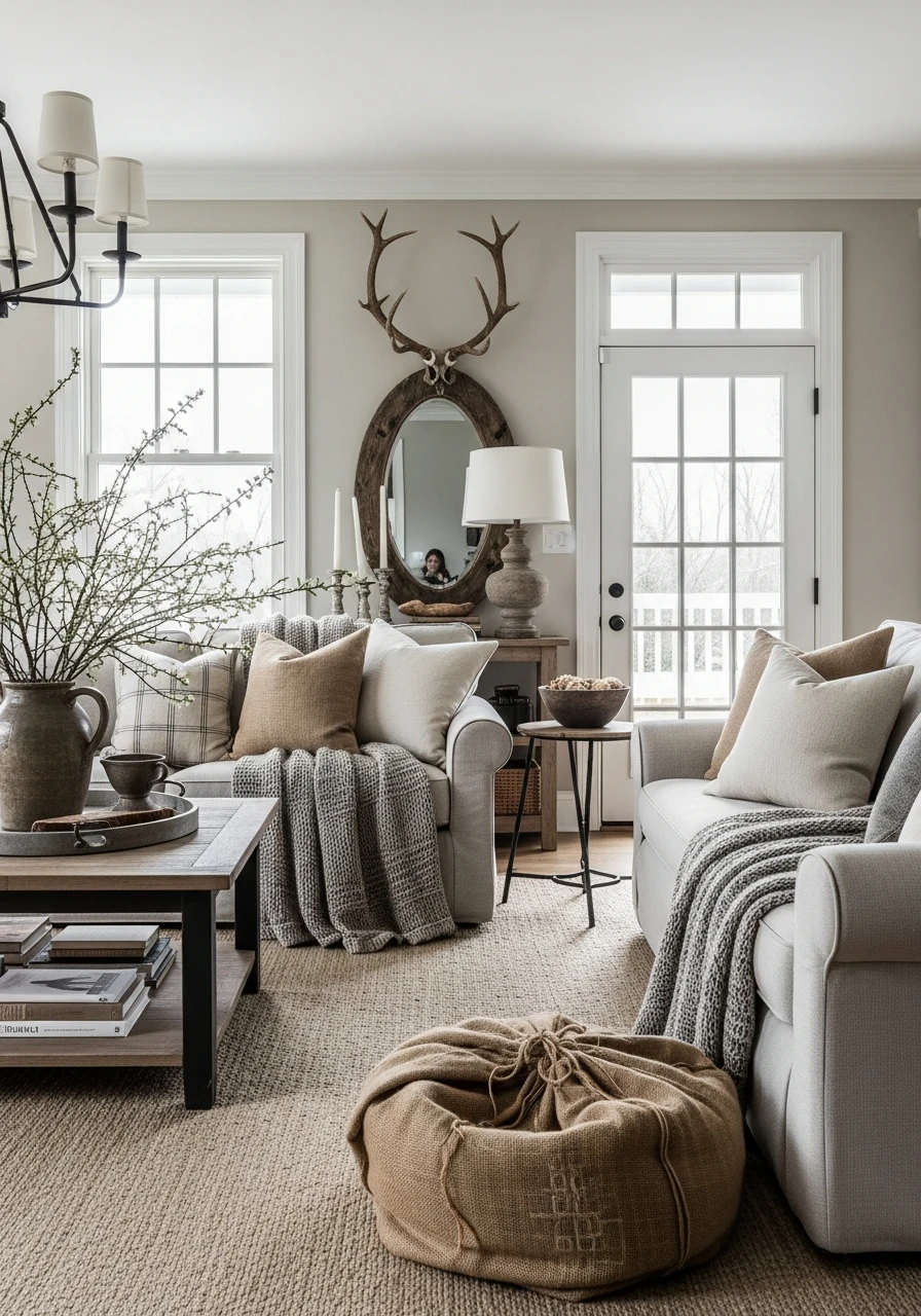 Primitive Living Room with Cozy Layered Textiles