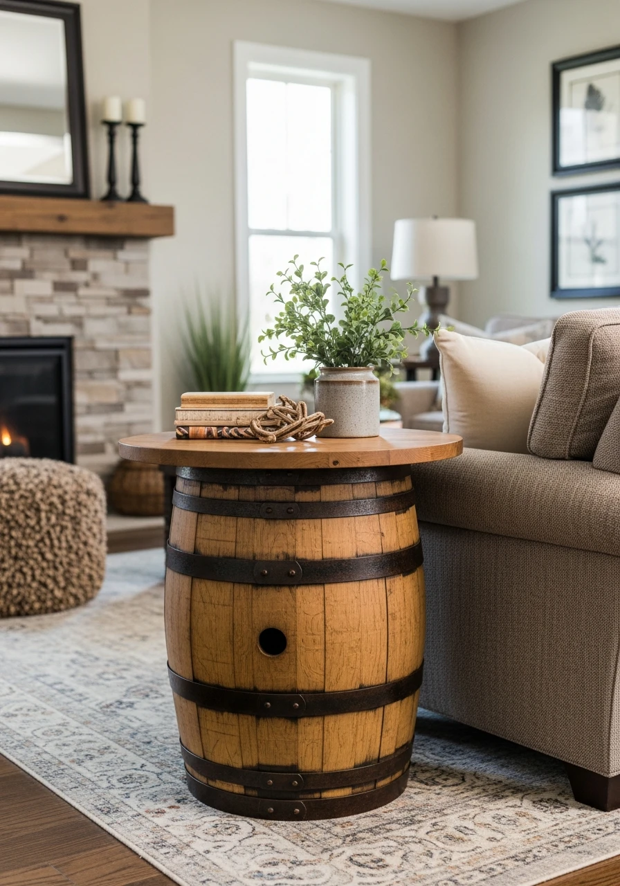 Primitive Living Room with Rustic Barrel Side Table
