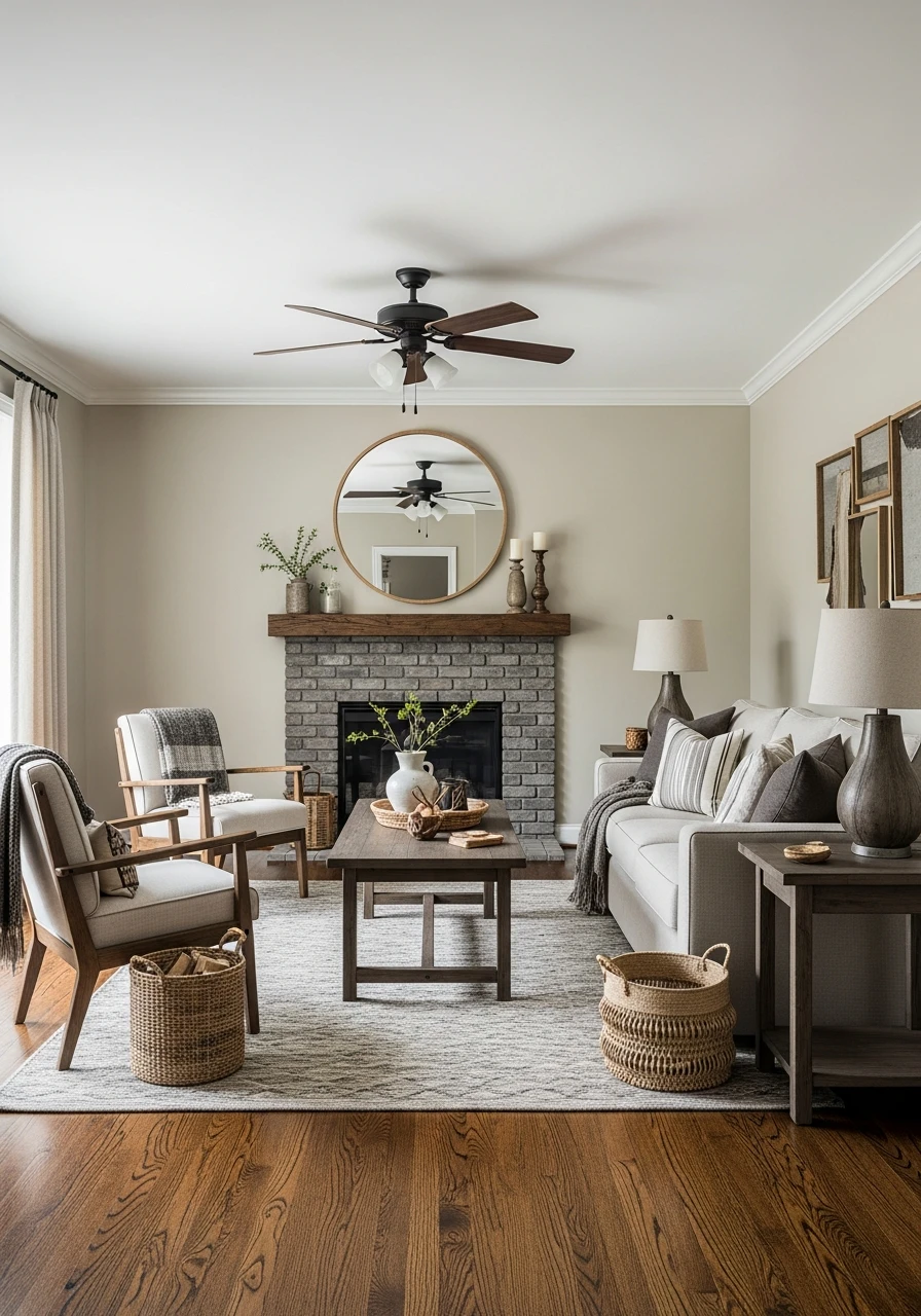 Primitive Living Room with Dark Wood Floors