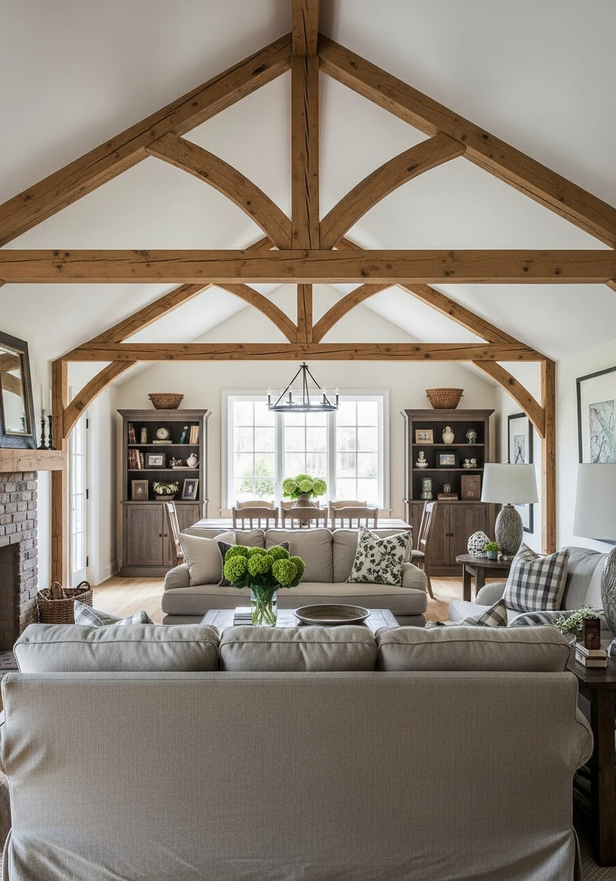 Primitive Living Room with Exposed Wooden Beams