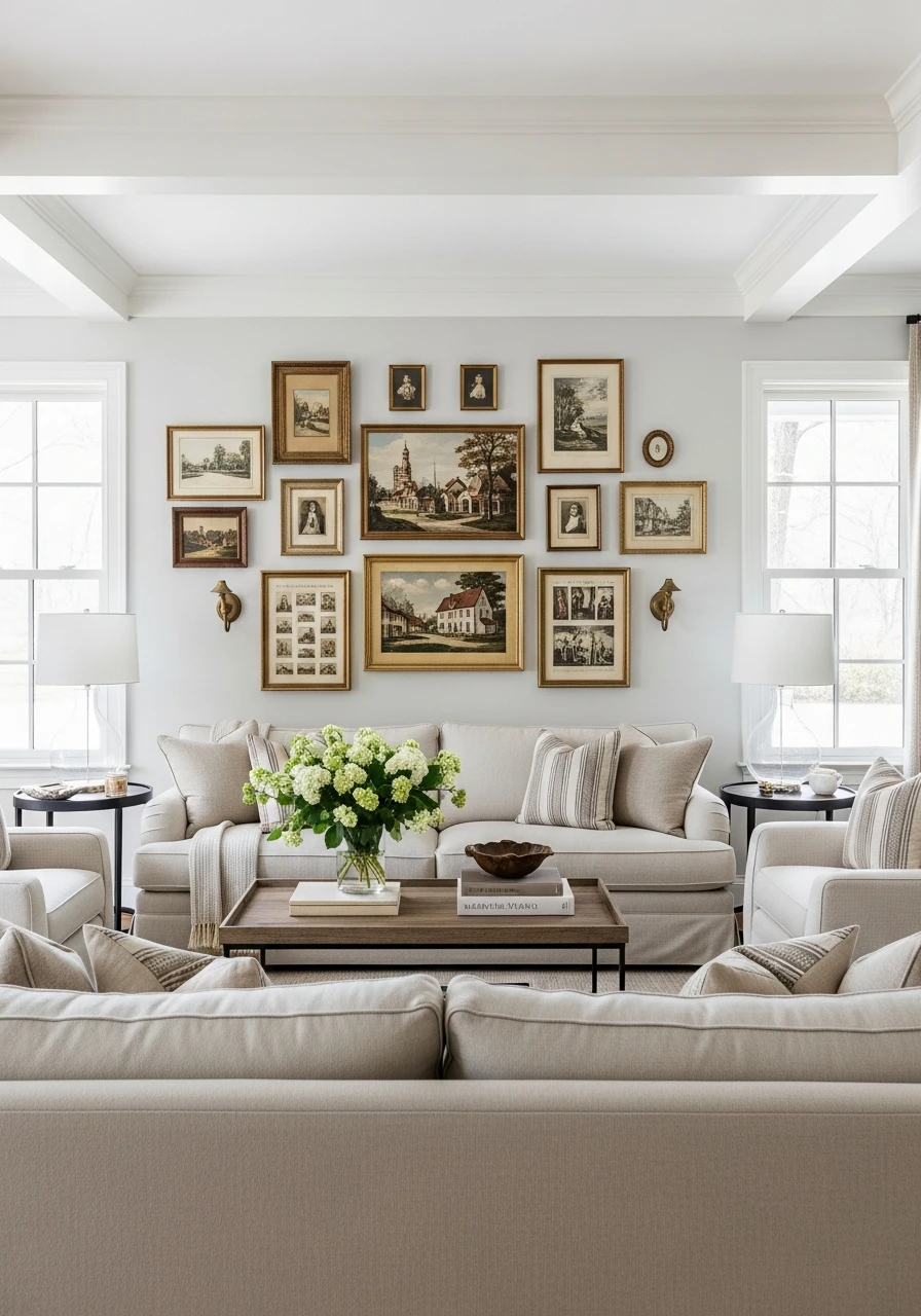 Primitive Living Room with Colonial Gallery Wall