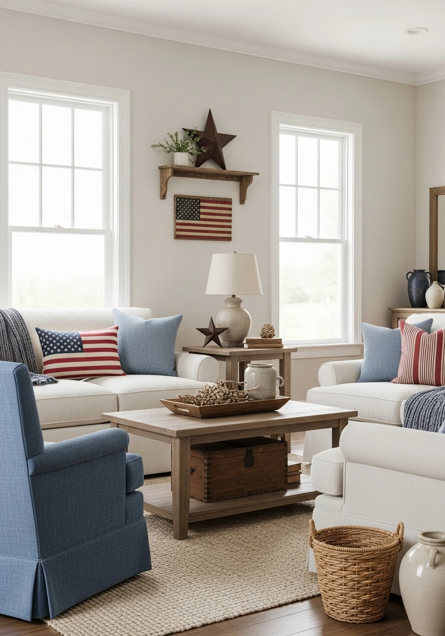 Primitive Living Room with Patriotic Farmhouse Touches
