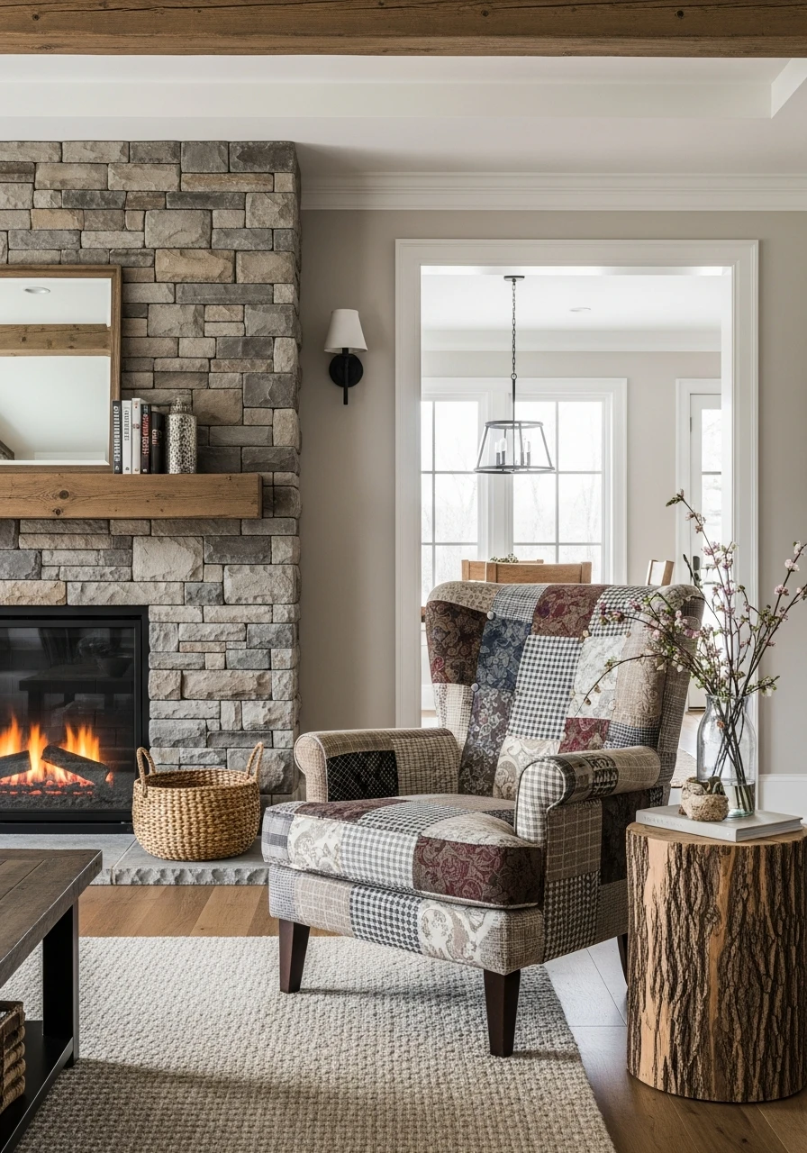 Primitive Living Room with Patchwork Accent Chair