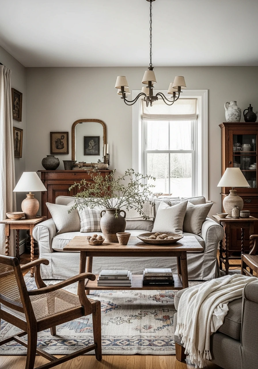 Primitive Living Room with Cozy Slow-Decorated Layout