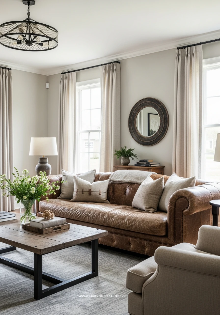 Primitive Living Room with Antique Leather Sofa