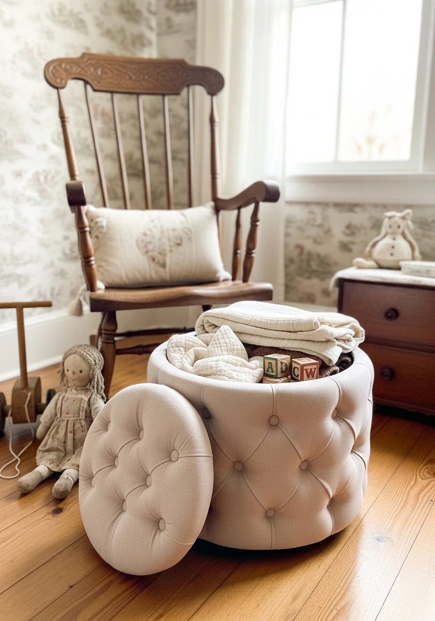 Tufted Storage Ottoman - 35 Vintage Nursery Ideas That Look Expensive But Aren't