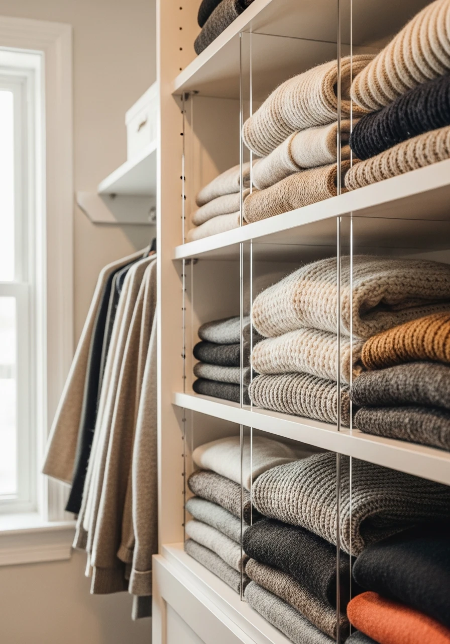 Install Vertical Shelf Dividers - 50 Genius Walk In Closet Organization Ideas for a High-End Look