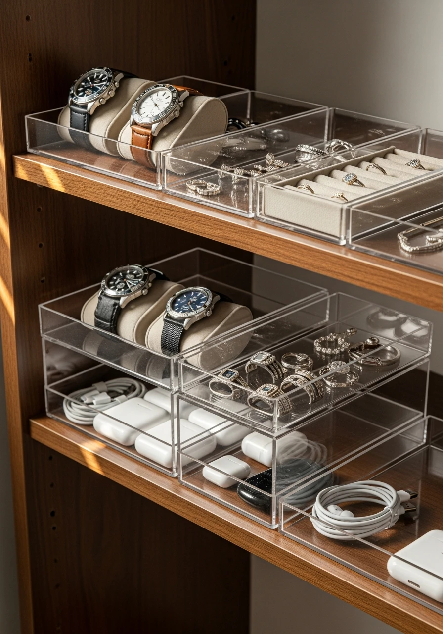 Use Clear Acrylic Trays - 50 Genius Walk In Closet Organization Ideas for a High-End Look