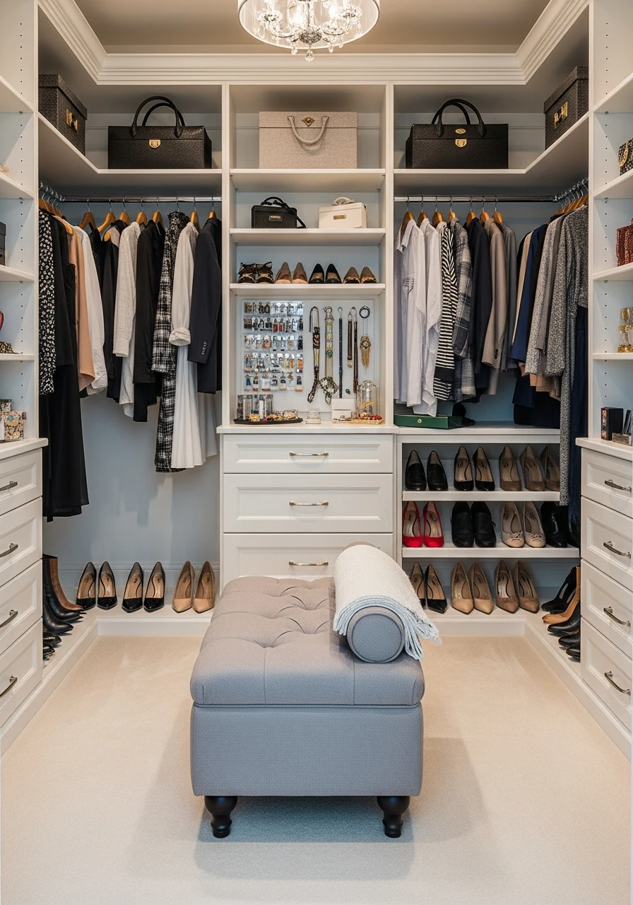 Install A Small Bench - 50 Genius Walk In Closet Organization Ideas for a High-End Look