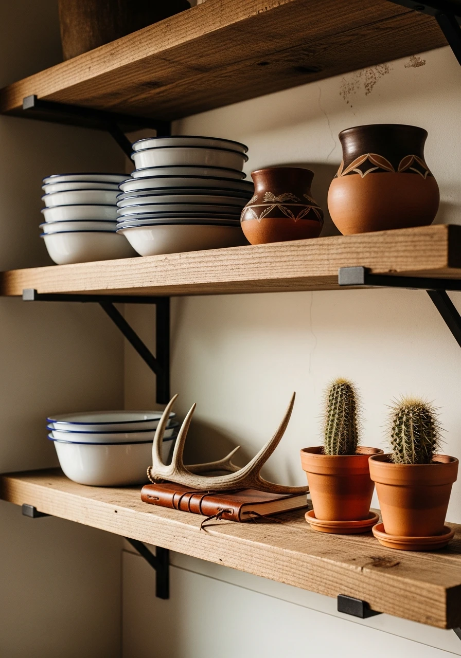Open Wood and Metal Shelves - 50 Simple Ways to Get Western Home Decor Ranch Style