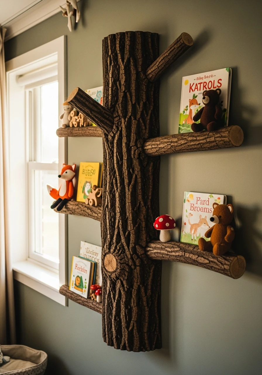 Tree Trunk Bookshelf - 50 Affordable Ideas for the Perfect Woodland Nursery
