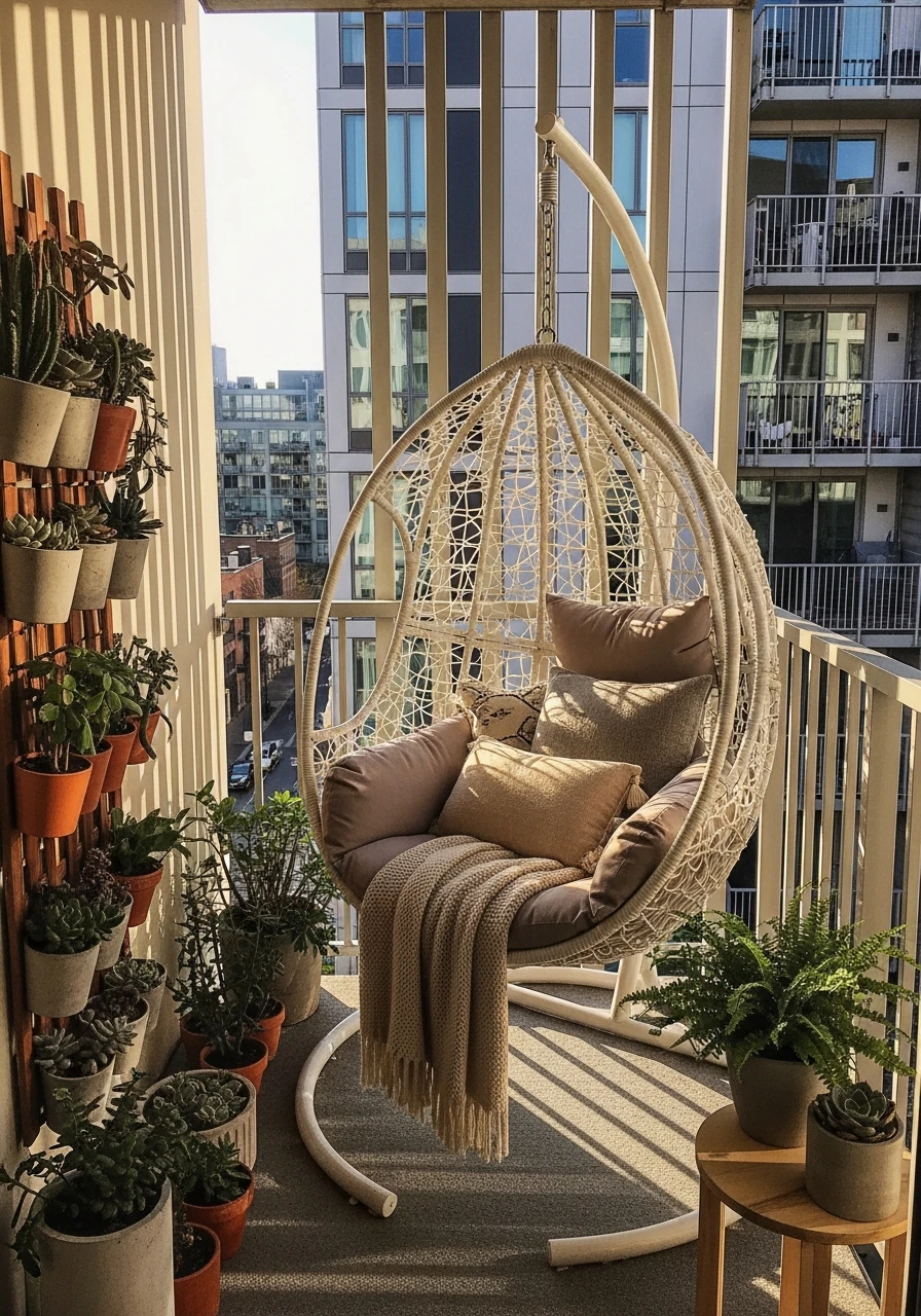 Hanging Egg Chair - 50 Budget-Friendly apartment patio ideas That Look High-End
