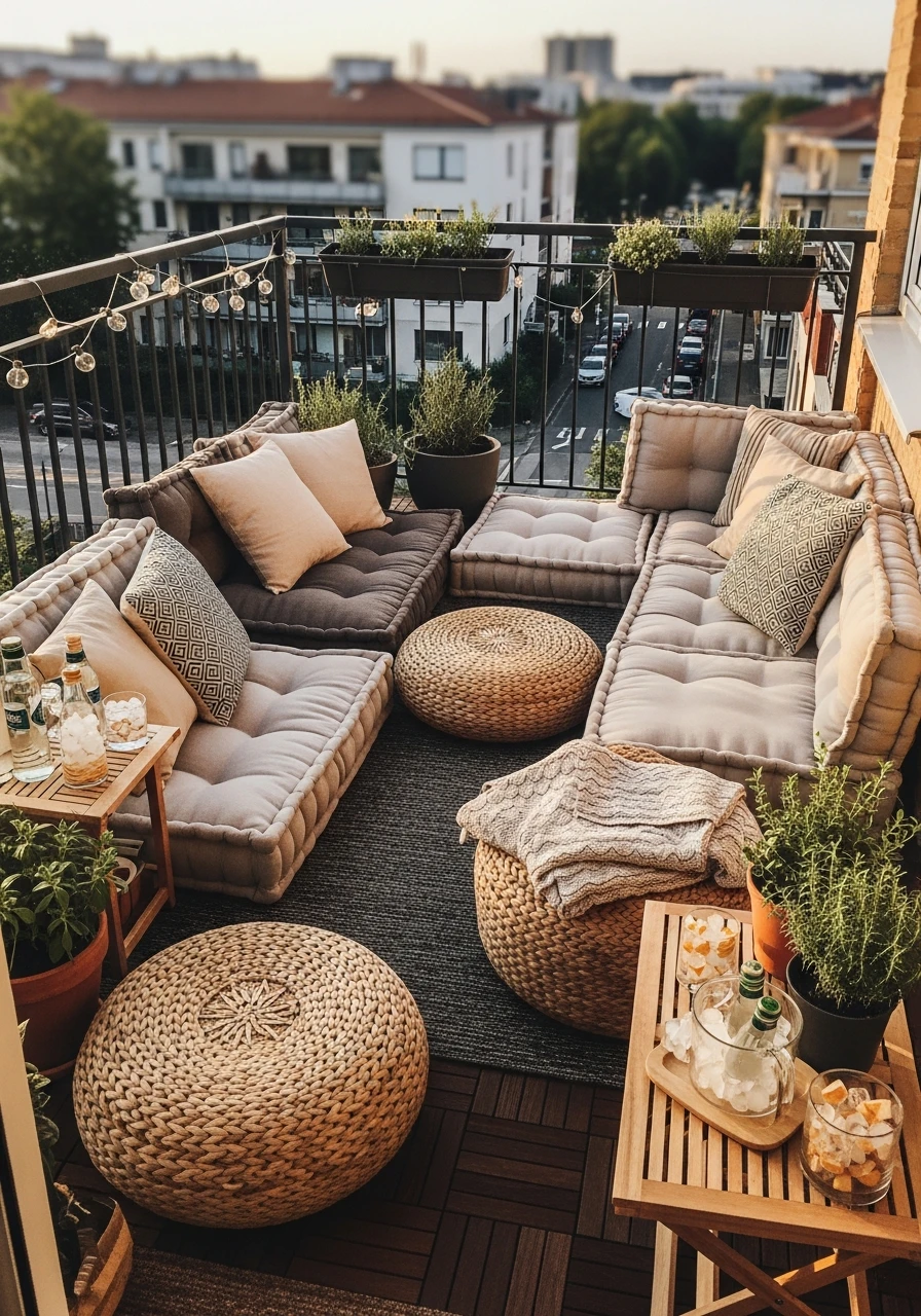 Floor Cushion Seating - 50 Budget-Friendly apartment patio ideas That Look High-End
