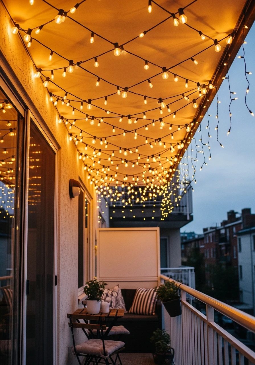 String Light Canopy - 50 Budget-Friendly apartment patio ideas That Look High-End
