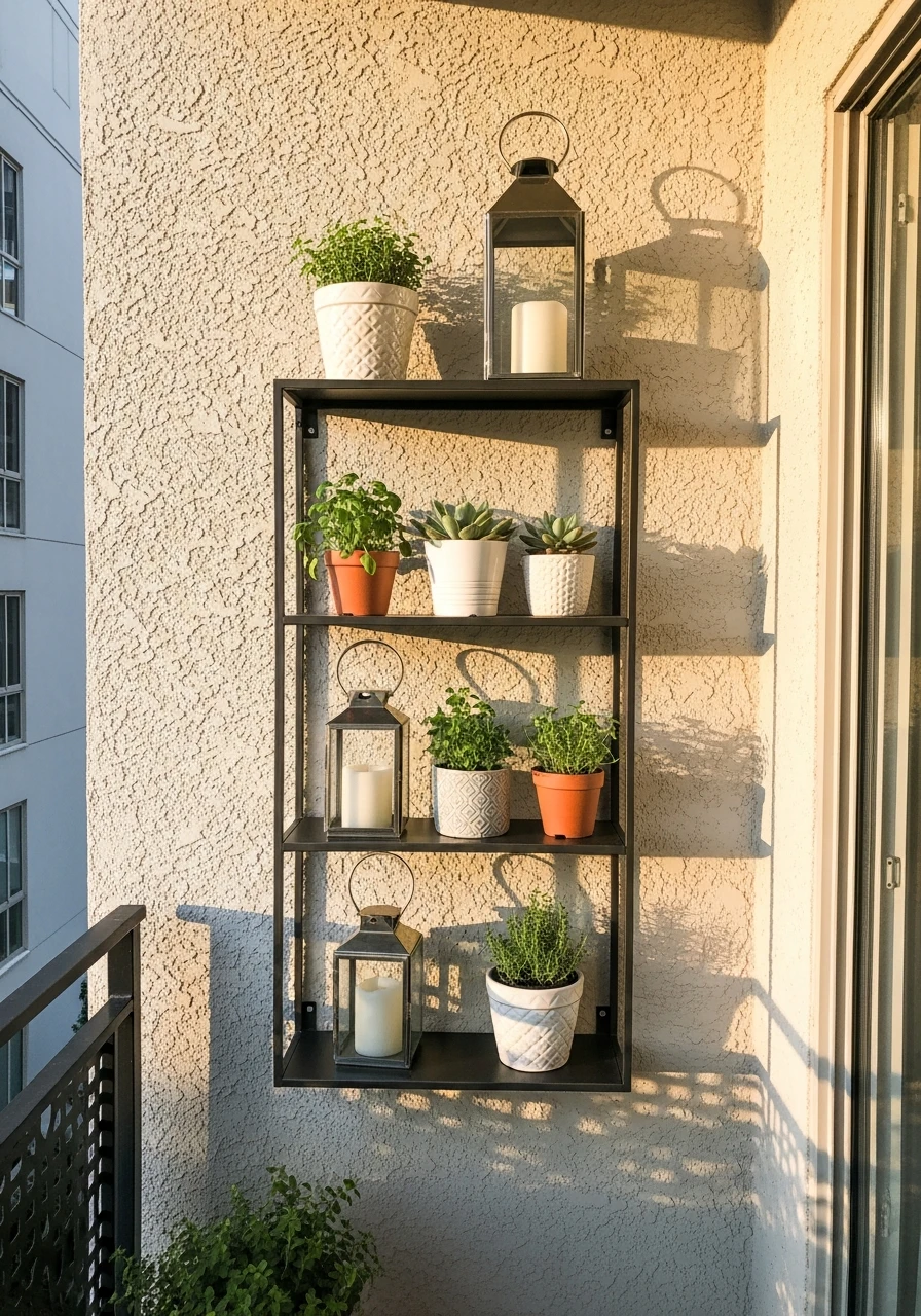 Wall-Mounted Shelving - 50 Budget-Friendly apartment patio ideas That Look High-End
