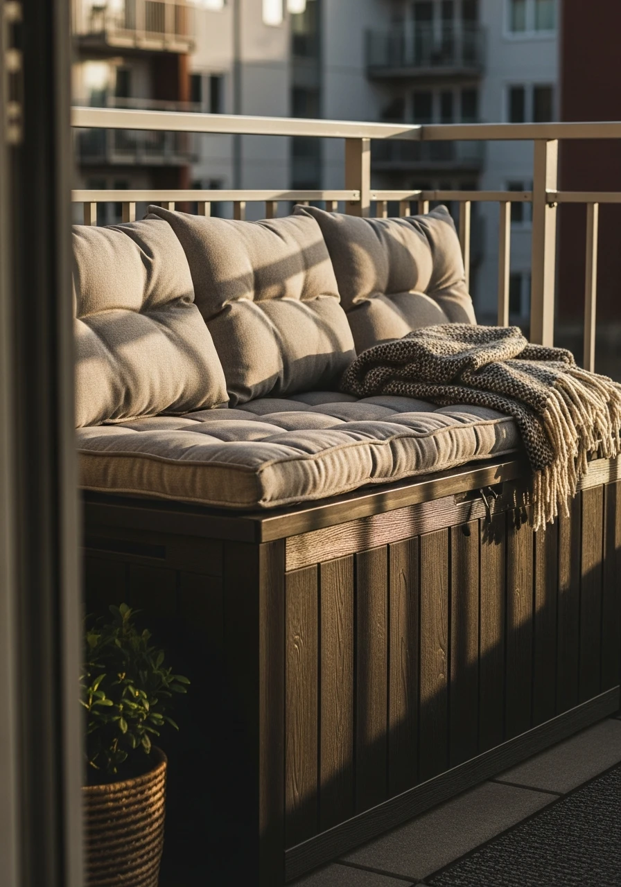 Storage Bench Seating - 50 Budget-Friendly apartment patio ideas That Look High-End