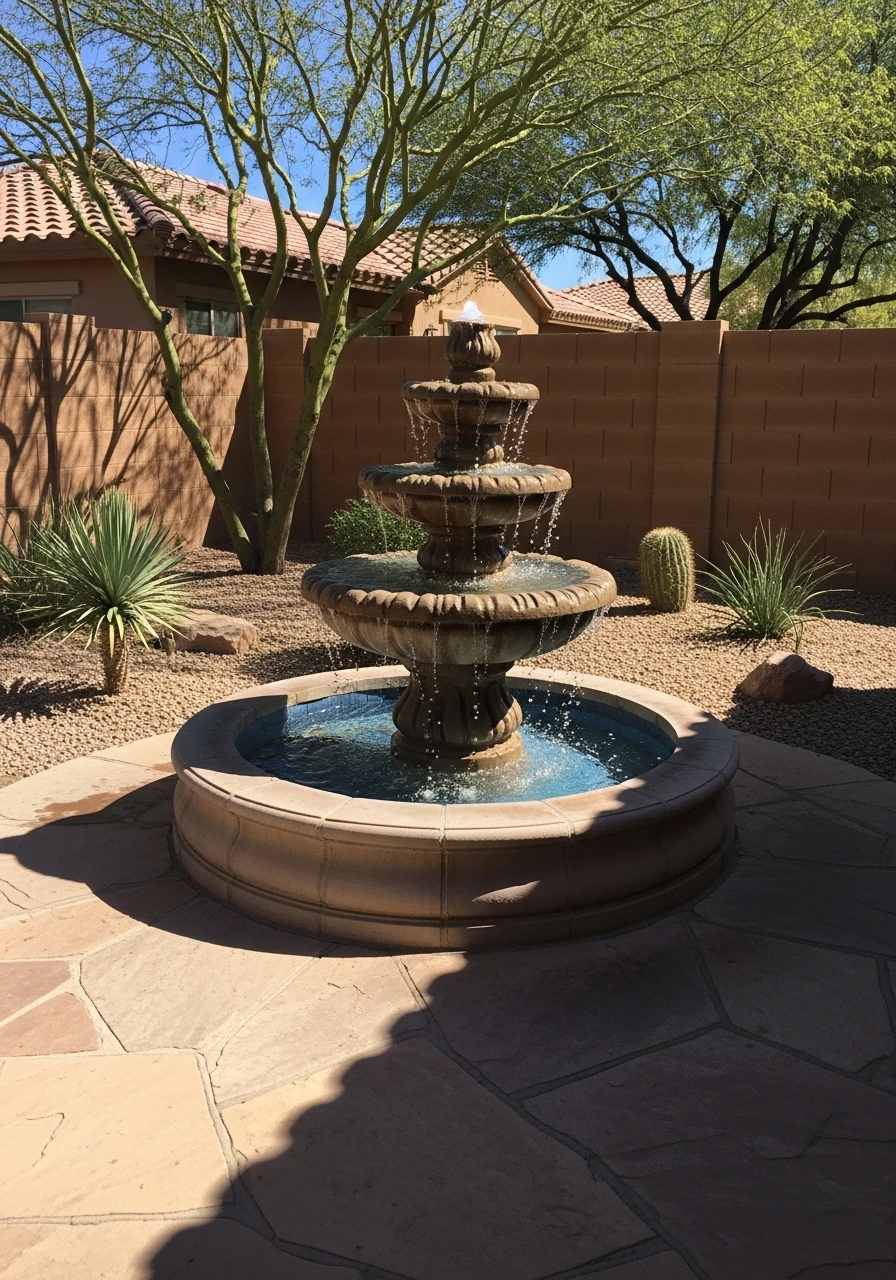 Tiered Water Fountain - 40 Arizona Backyard Ideas That Beat the Heat on a Budget