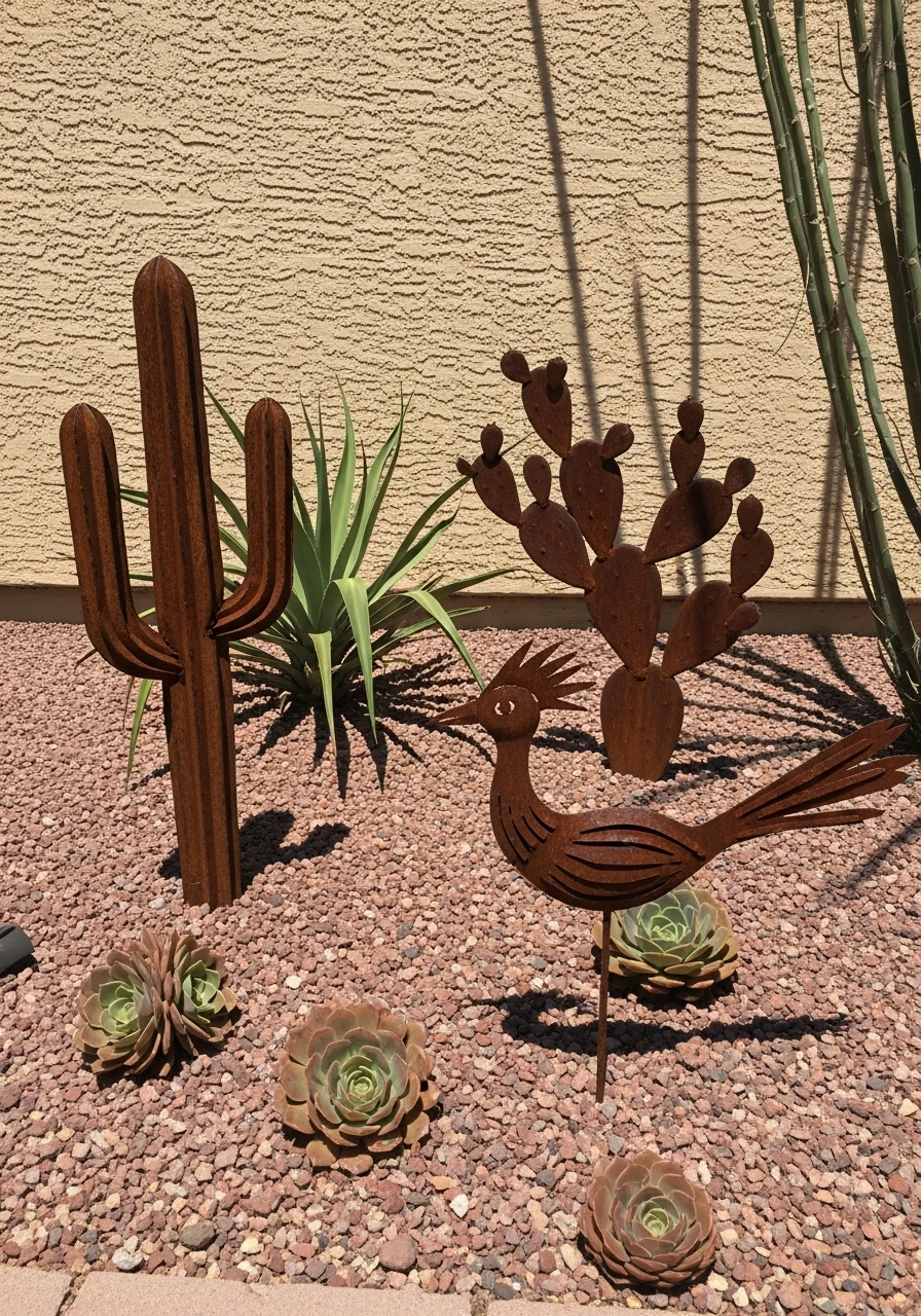 Metal Cactus Sculptures - 40 Arizona Backyard Ideas That Beat the Heat on a Budget