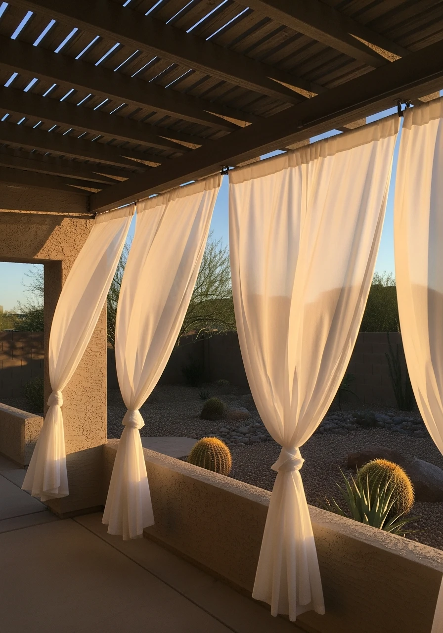 Hang Sheer Patio Curtains - 40 Arizona Backyard Ideas That Beat the Heat on a Budget