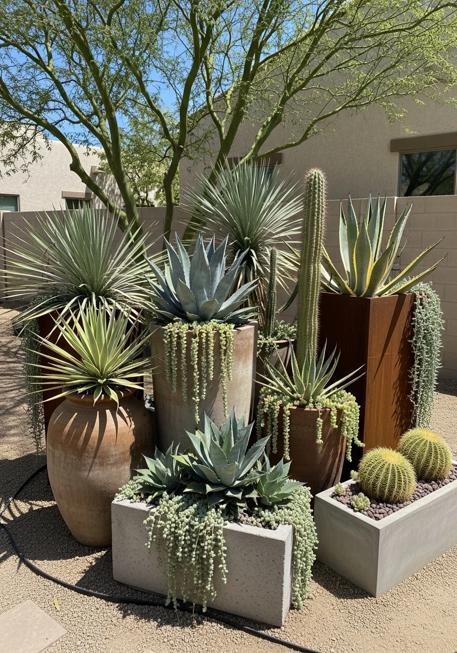 Group Desert Planters - 40 Arizona Backyard Ideas That Beat the Heat on a Budget